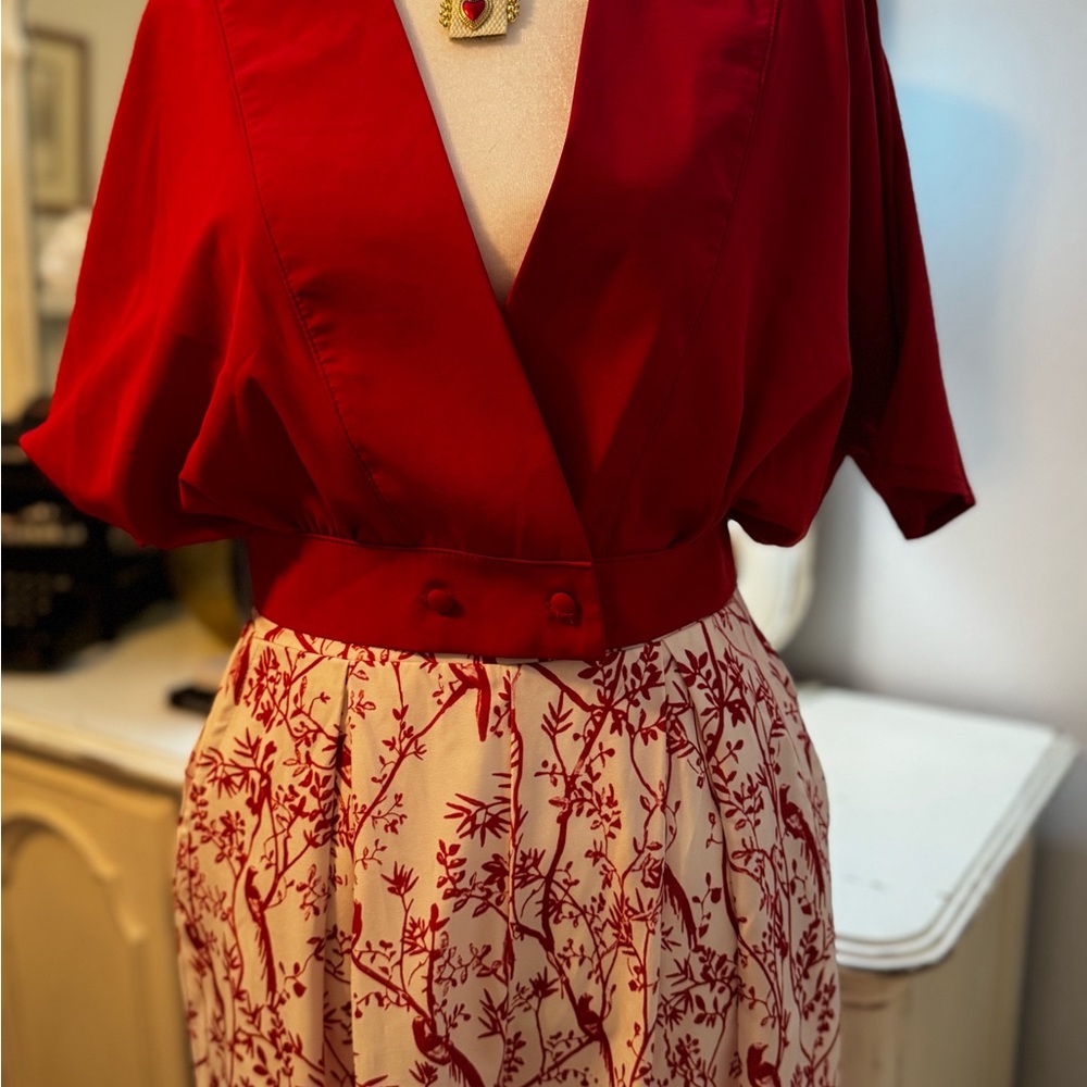 Red V-Neck Blouse and Cream Skirt Pantsuit